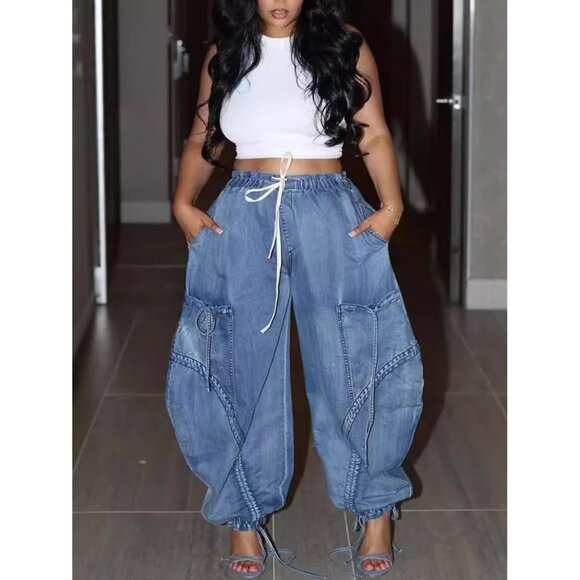 Women's Baggy Y2K Cargo Jeans Elastic Waist Bow Knot Drawstring Denim - Picture 5 of 6